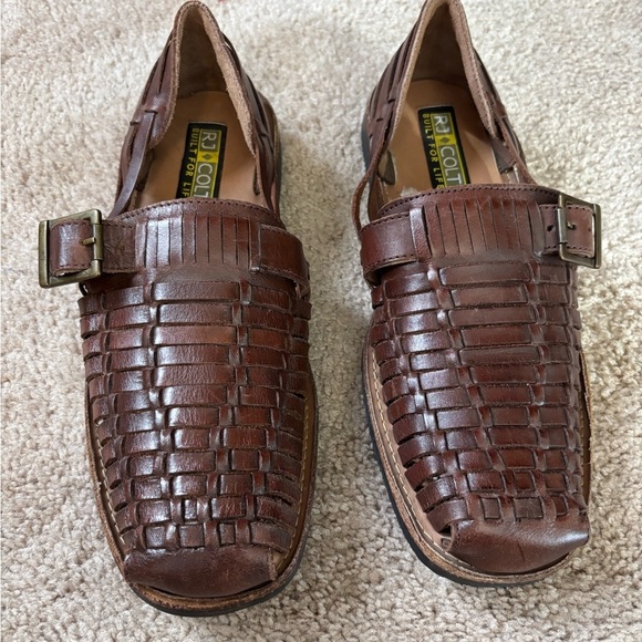 Mens RJ Colt Brown Leather Woven Fisherman Sandals - Picture 1 of 7